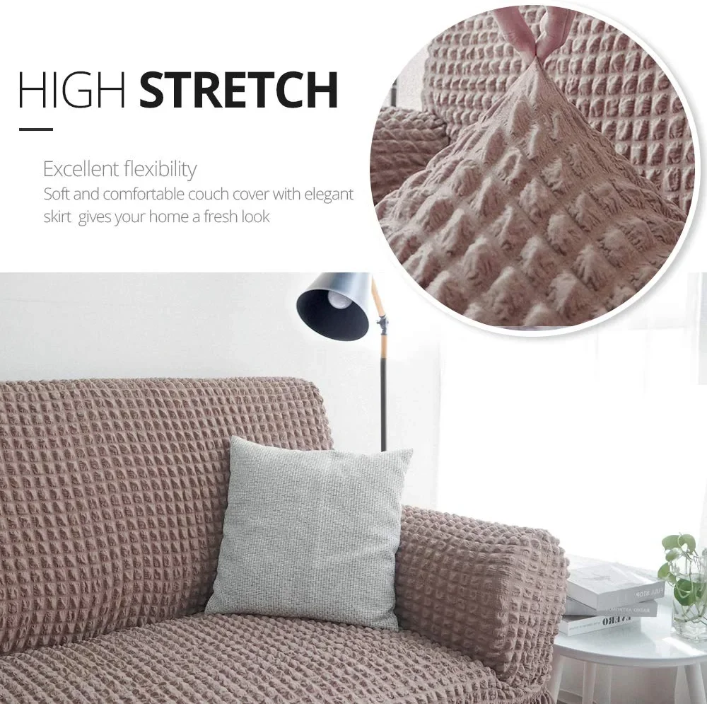 Wholesale Elastic Spandex Jacquard Solid Seersucker Sofa Cover Slipcover with Skirt