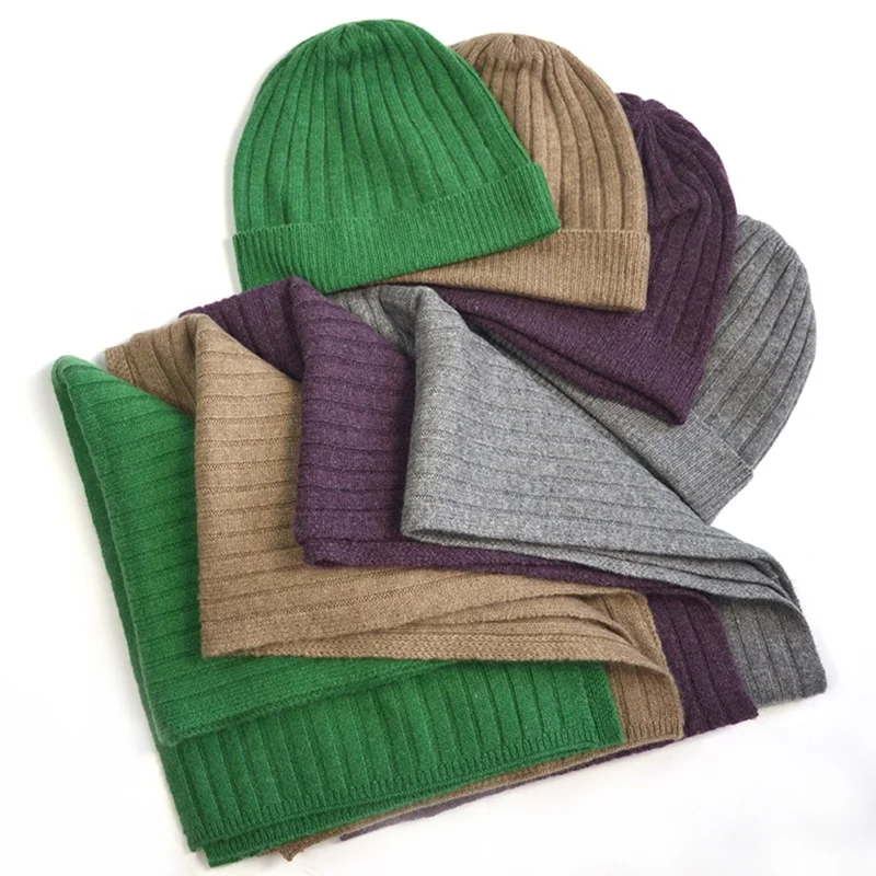 solid color rib knit women winter cashmere hat scarf one set custom winter fashion soft ladies girls cashmere beanie hat