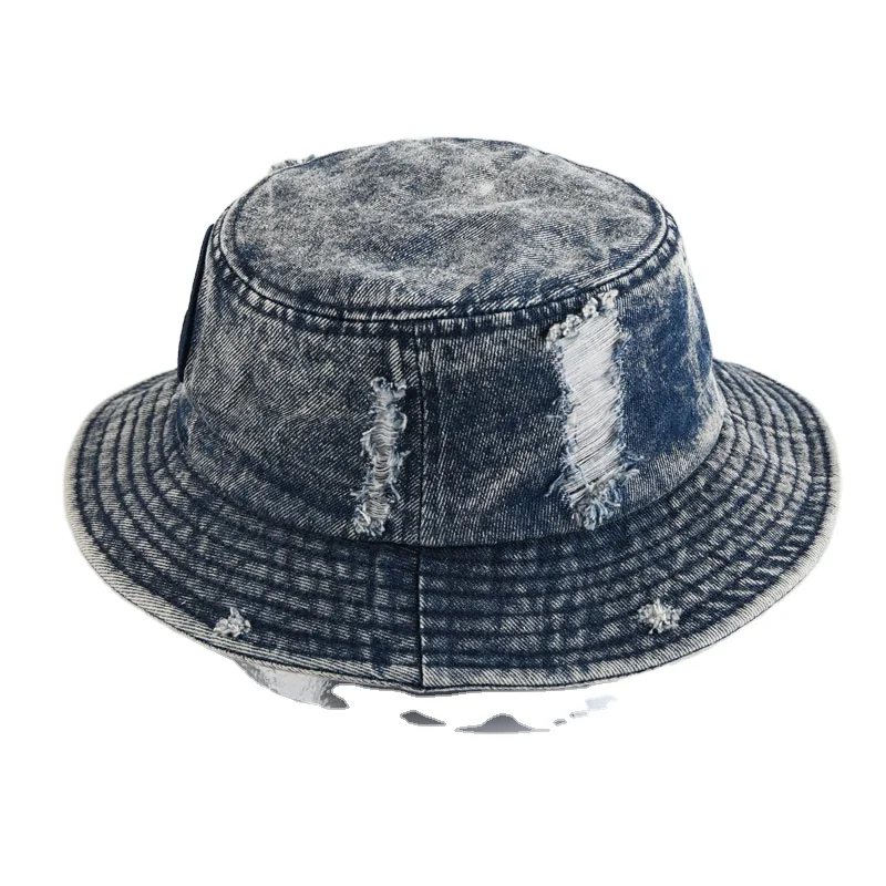 Hot Selling Traveling Frayed Denim Bucket Hat Sun Cap Wide Brim Hole Fisher Distressed Vintage Hats