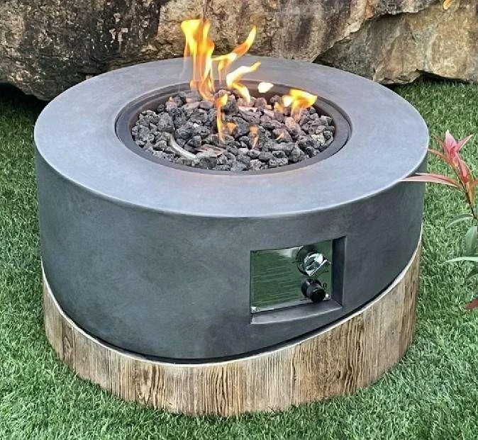 Round Gas Fire Pit Adjustable Flame, Lava Rocks, Outdoor Propane Fire Pit Table for Patio Garden Backyard