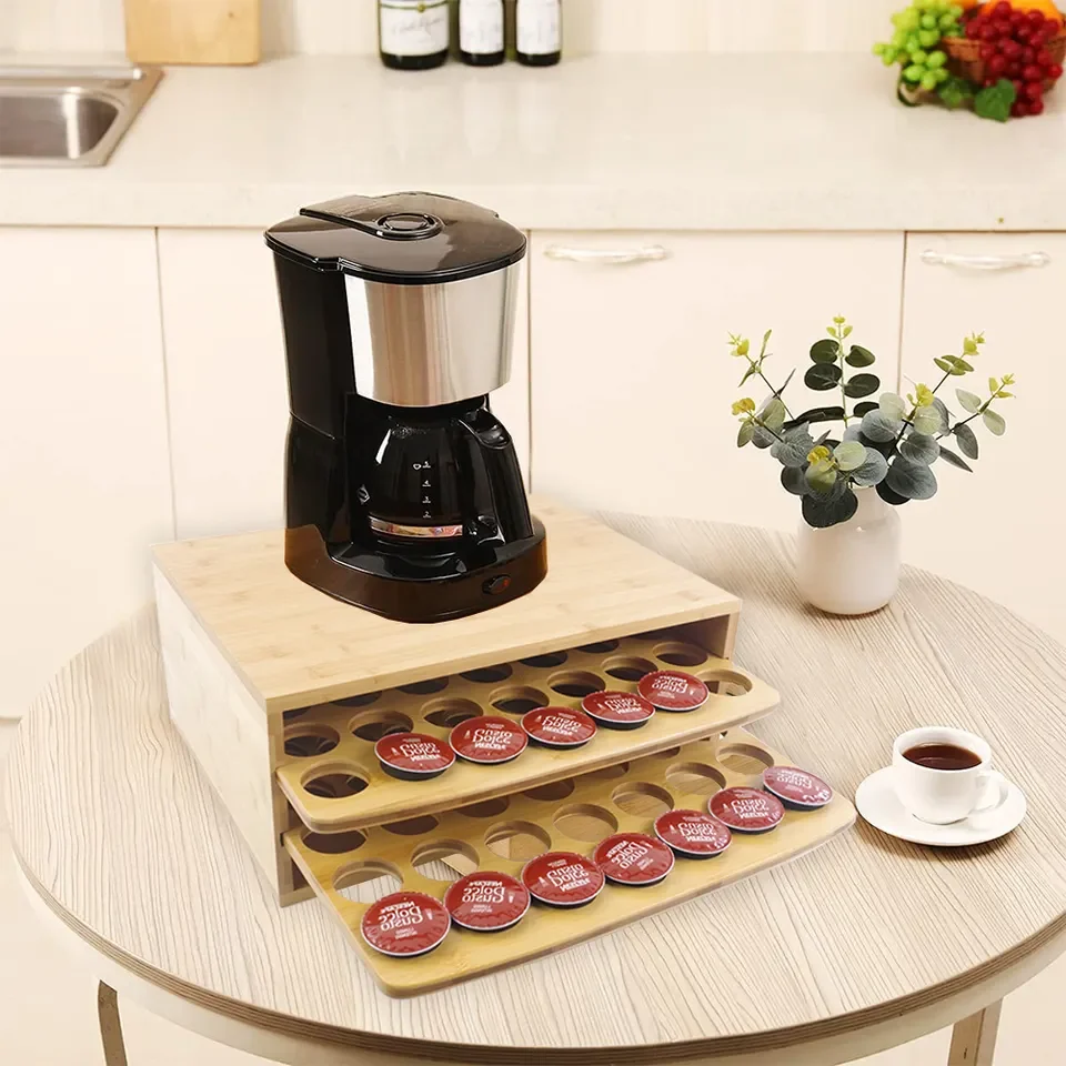 Bamboo Coffee Pod Storage Holder Organizer with Drawer for Keurig K-Cup Pods