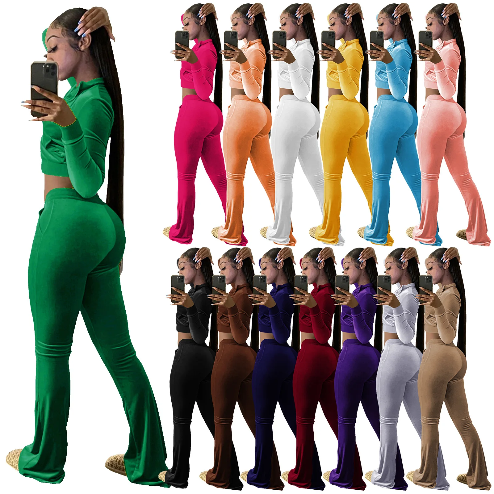 2021 Fall women clothing velour tracksuit long sleeves hoodie sweatsuit crop top 2 piece pants set outfit  velvet two piece set