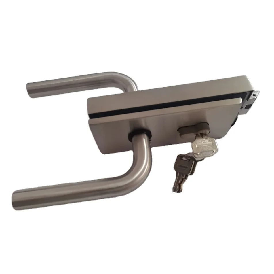 Square satin nickel office  center glass door handle set with lock G050 mechanism and movable or active handle