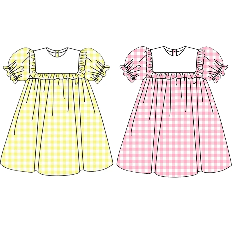 Wholesale Fancy Frocks Cotton Fabric Cute Short Sleeve Plaid Pattern Toddler Kids Clothing Baby Girls Fairy Dress
