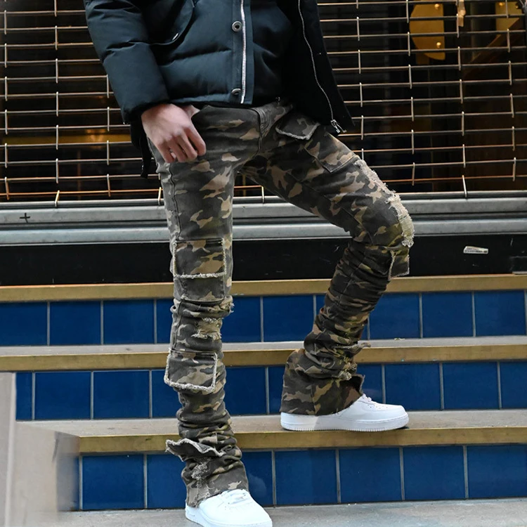 China Factory Wholesale High Quality Fashion Denim Jeans Custom Camouflage Color Jeans Cargo Stacked-Jeans-Men