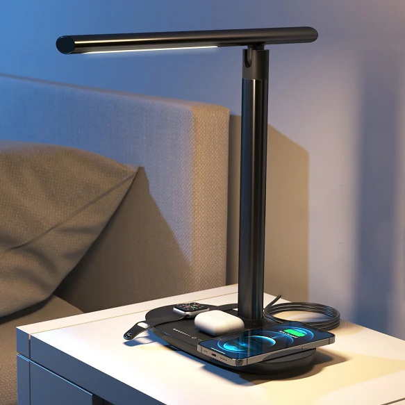 Беспроводное зарядное устройство QI 3 в 1, светодиодная настольная лампа с USB зарядкой и регулируемой яркостью, настольная лампа