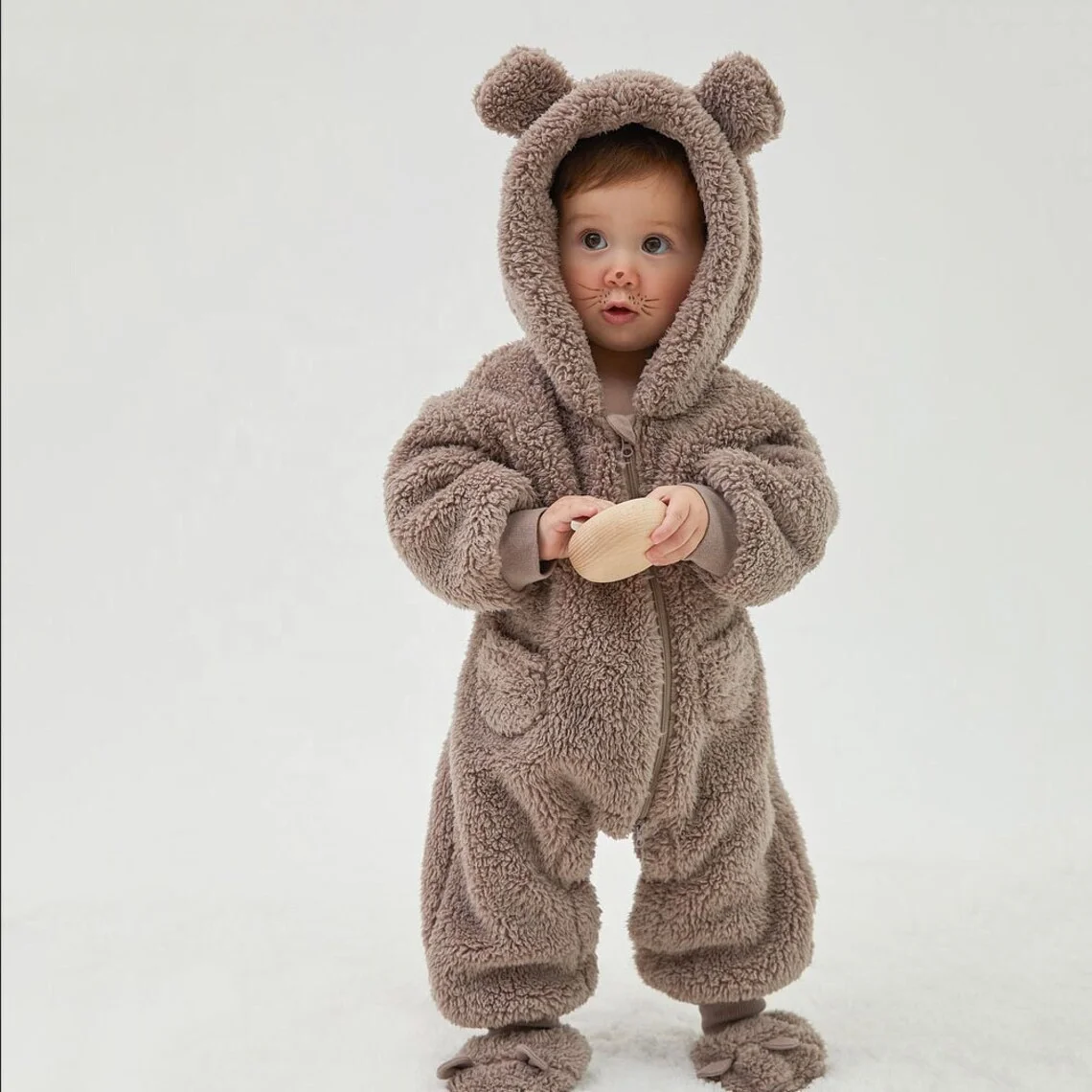 Adorable Plush Warm Toddler Infant Outfits Teddy Bear Hoodie Zip Up Fleece Baby Jumpsuit Romper