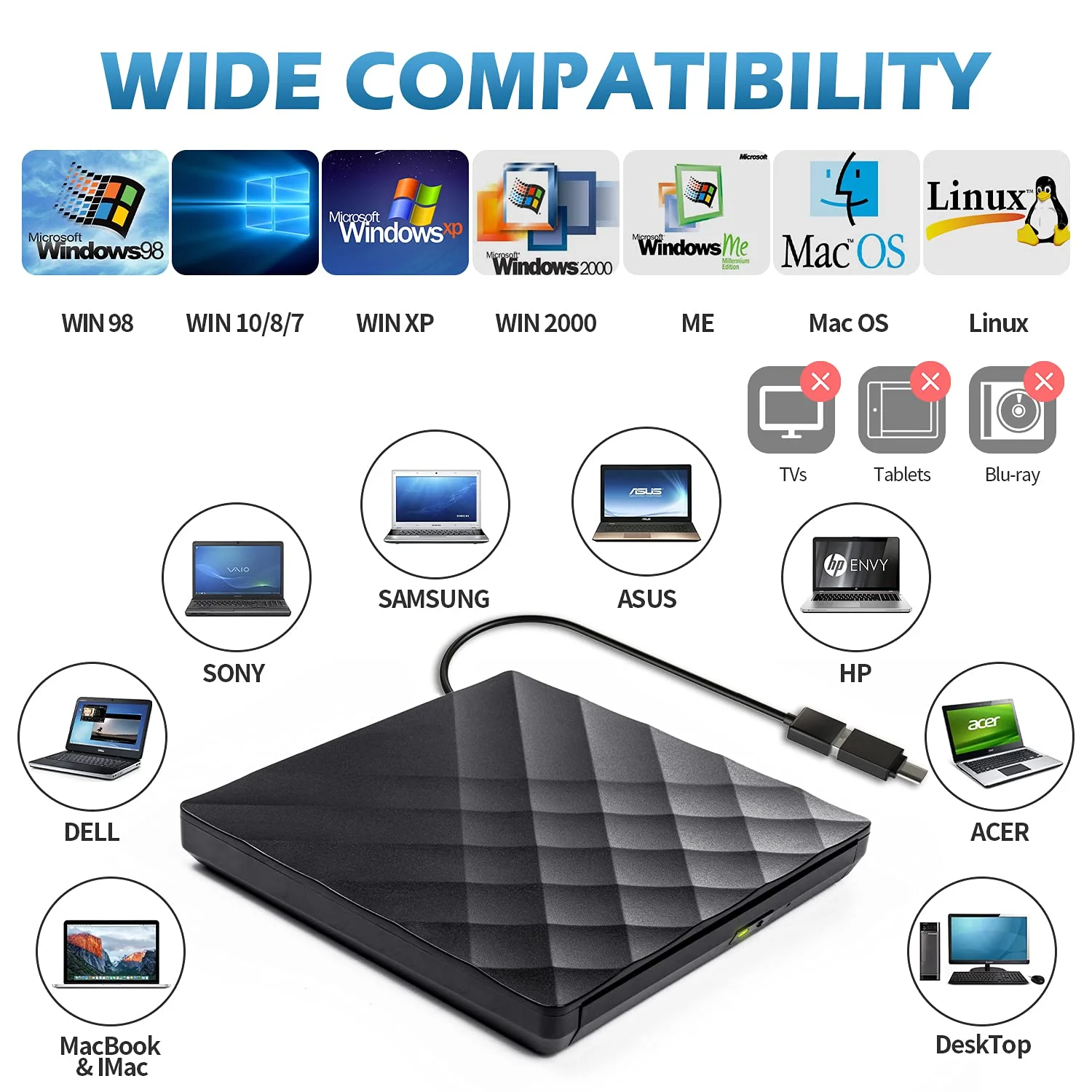 Лидер продаж на Amazon внешний DVD-привод портативный Черный CD для ноутбука