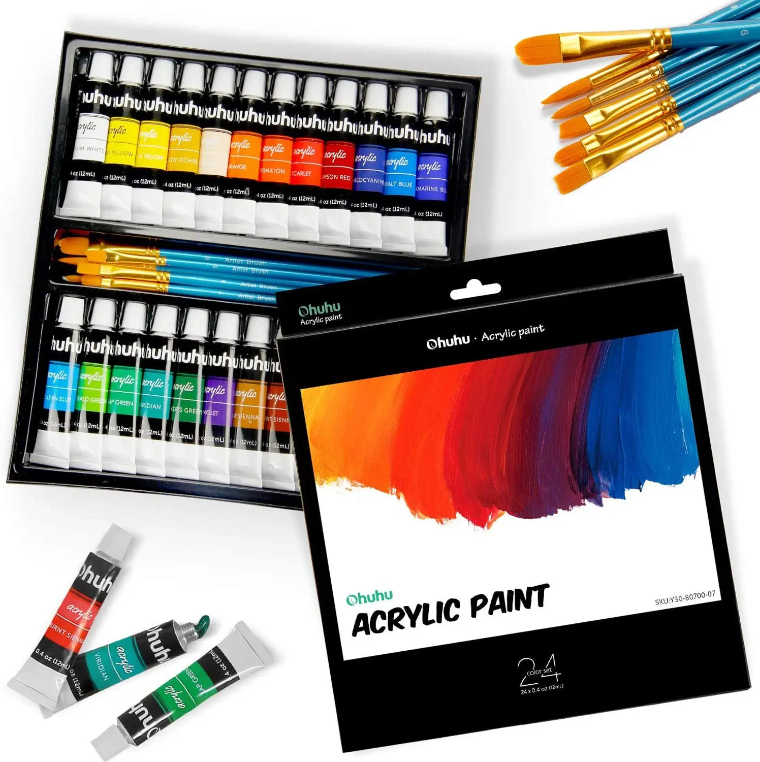 Acrylic Paint Set for Rock Painting Art Ohuhu 24 Colors Acrylic Paints Tubes with 6 x Brushes for Canvas Wood