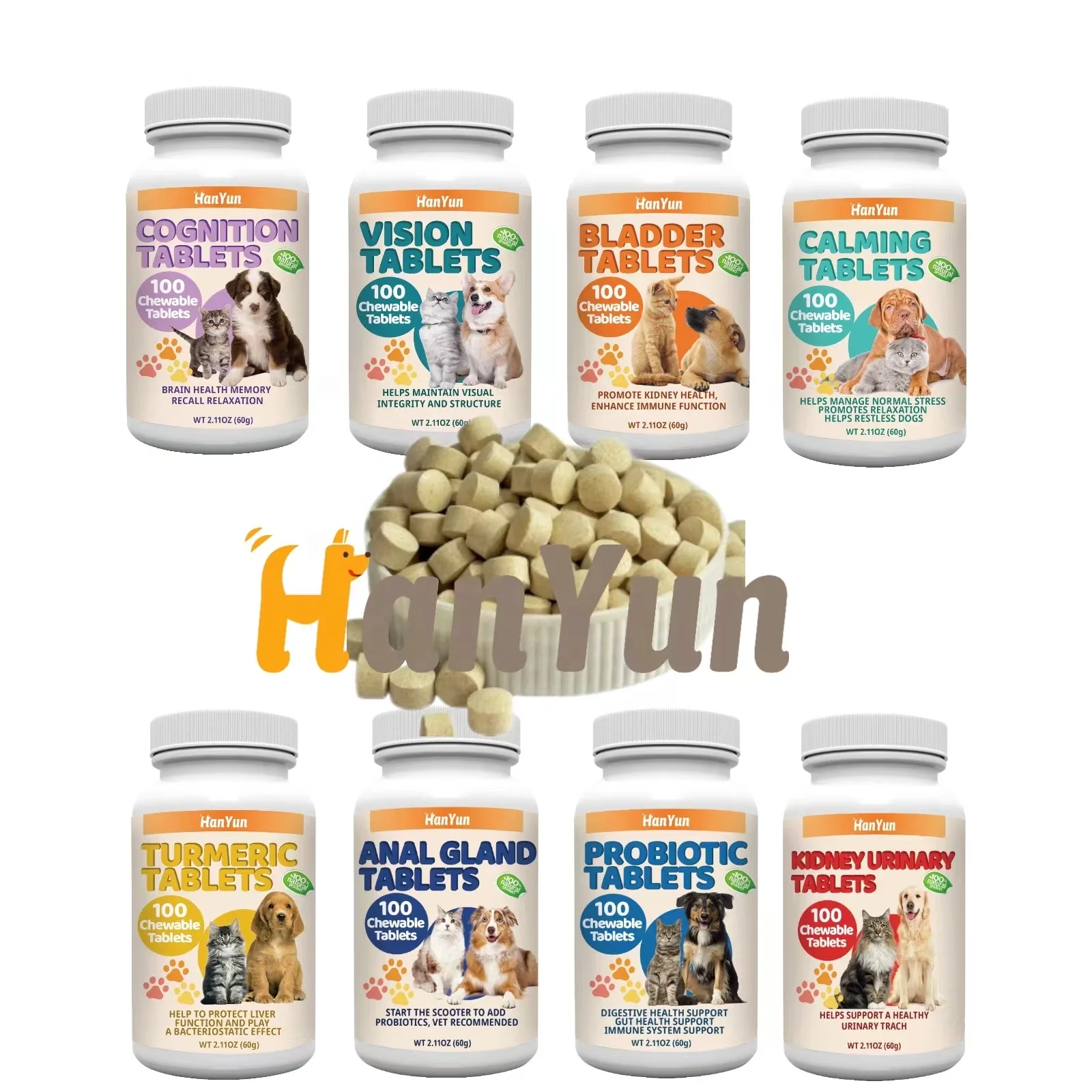 HanYun Wholesale Pet Nutrition Calcium Lysine Immune Tablets Chicken Flavor for Dogs Cats Immune Respiratory Support Supplements