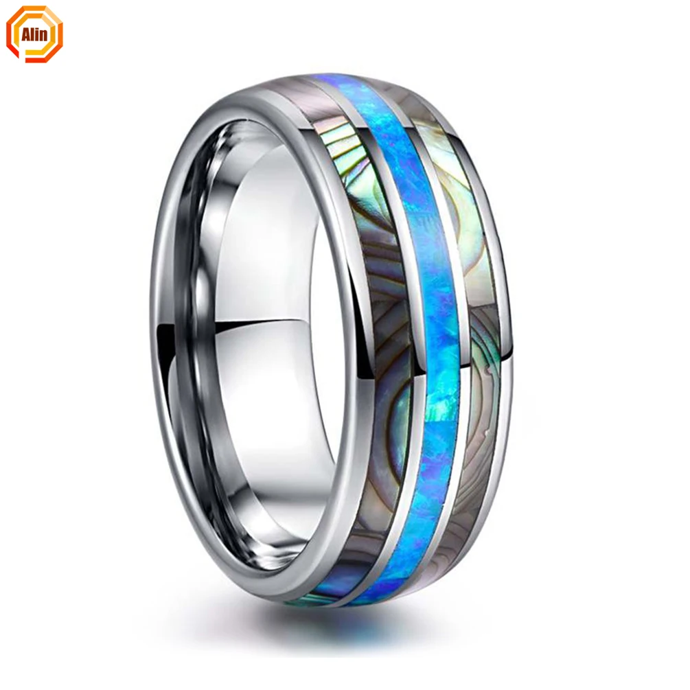 China Wholesale 8MM Silver Color Brushed Matt Surface Polish Inside Inlay Abalone Opal Mens Tungsten Carbide Rings
