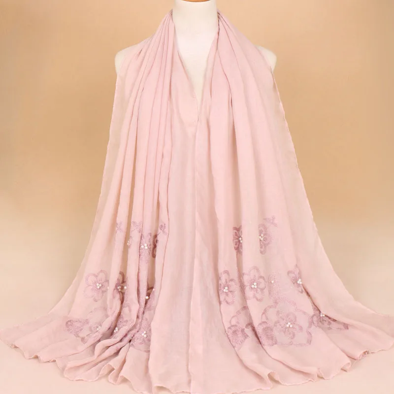 Nation Style High Quality Women Lace Bead Islam Muslim Scarf Cotton Hijab Embroidery Pearl Scarf