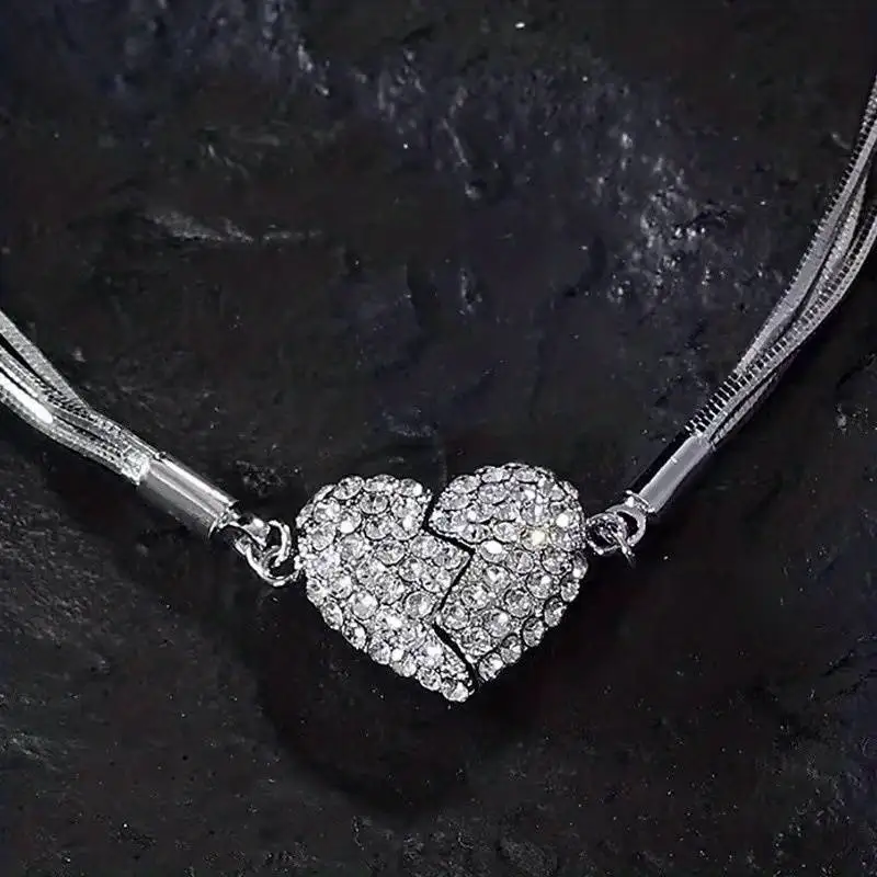 Zircon Heart Magnetic Multilayer Necklace Heart Shaped Magnet Rhinestone Pendant Necklace Crystal Zircons Heart Necklace