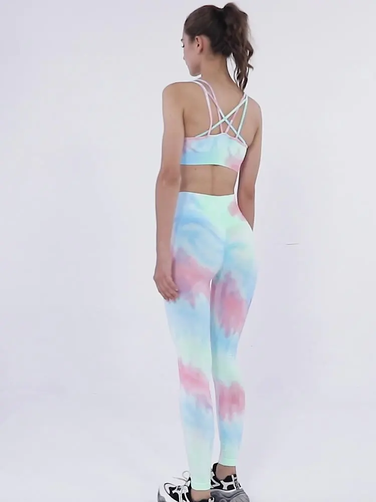 Custom logo 3 piece seamless purple tie dye jacquard new popular yoga sets