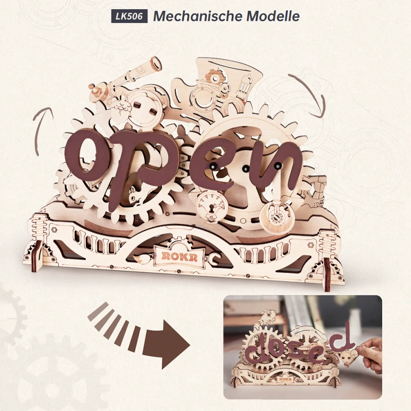 Robotime Rokr Contraption Mechanical Models LK506 DIY Handmade Assembled Open Closed Sign 3D Wooden Puzzles