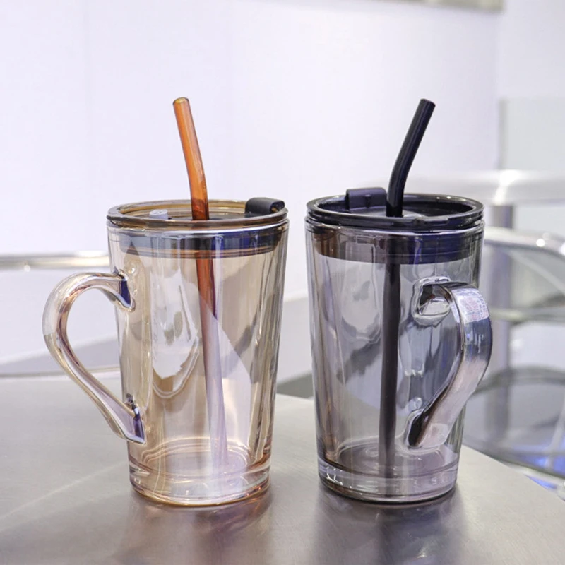 Custom Minimalist Glass Straw Cup 450ml Office Home High Quality Drinking Cup Glass Water Bottle with Handle and Lid