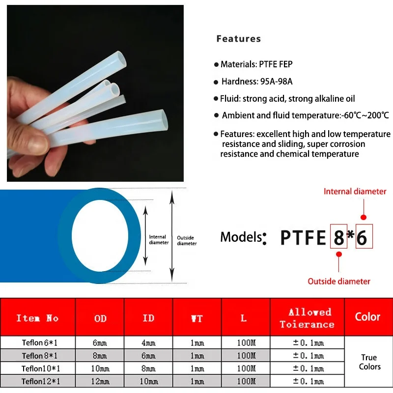 3d printer ptfe tube flexible 12x8 an8 medical 20mm ptfe 6*4 extruded tubes hose 1mm