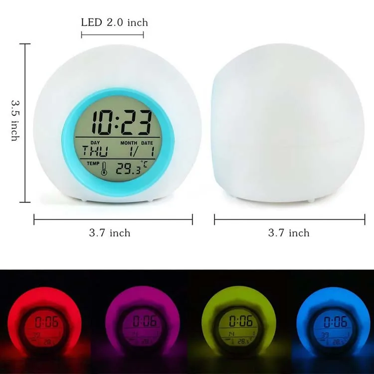 Round 7 Colors Changing LED Light Digital Alarm Clocks Touch Control Kids Children Wake Up Alarm Clock Thermometer Nature Music