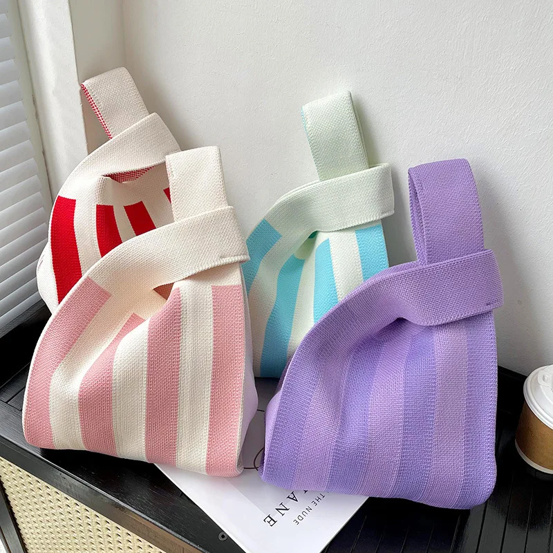New Fashion Handbag Color matching stripe Ladies Pattern Japanese Brand Travel Shopping Bag Knitted Tote Bag For Women