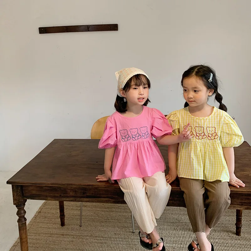 
Wholesale ready to ship kids shirt cartoon bear top baby cotton shirt for toddler girls LP026 