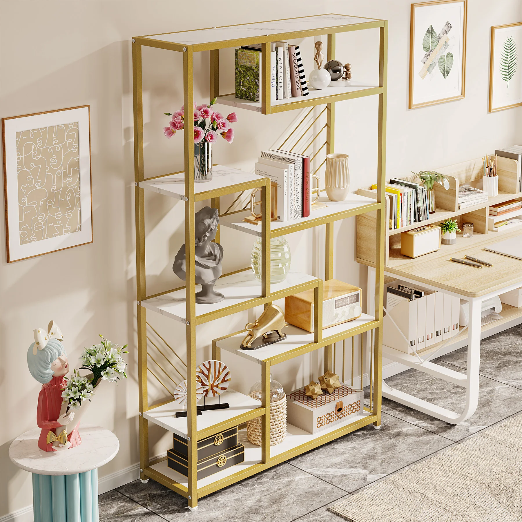 Modern wooden open-back marble white gold floor standing bookshelf unit with storage shelves