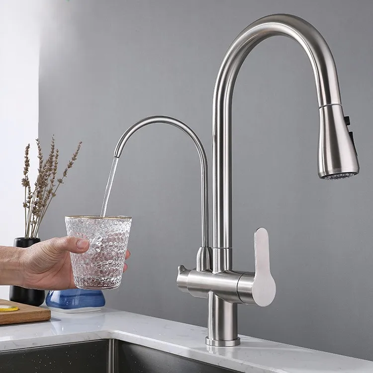 304 stainless steel cold and hot dual-purpose pull-out kitchen faucet 3 way kitchen faucet sink faucet purifier outlet