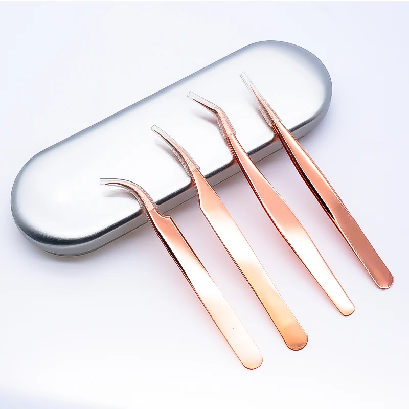Rose gold wholesale eyelash tweezers custom logo tweezers lash tweezer kit