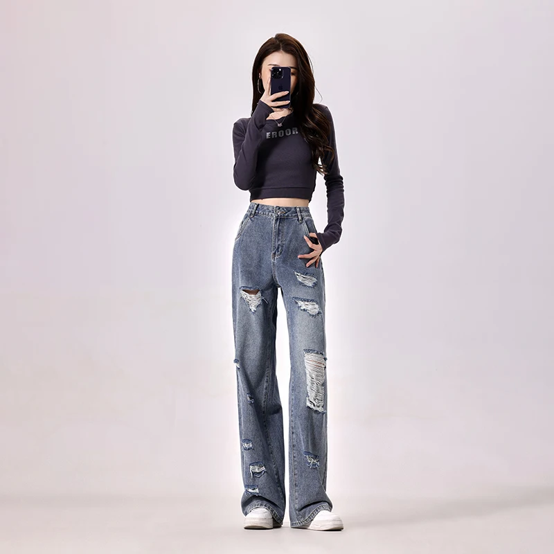 slim denim custom buttons jeans womens waisted loose jeans women straight