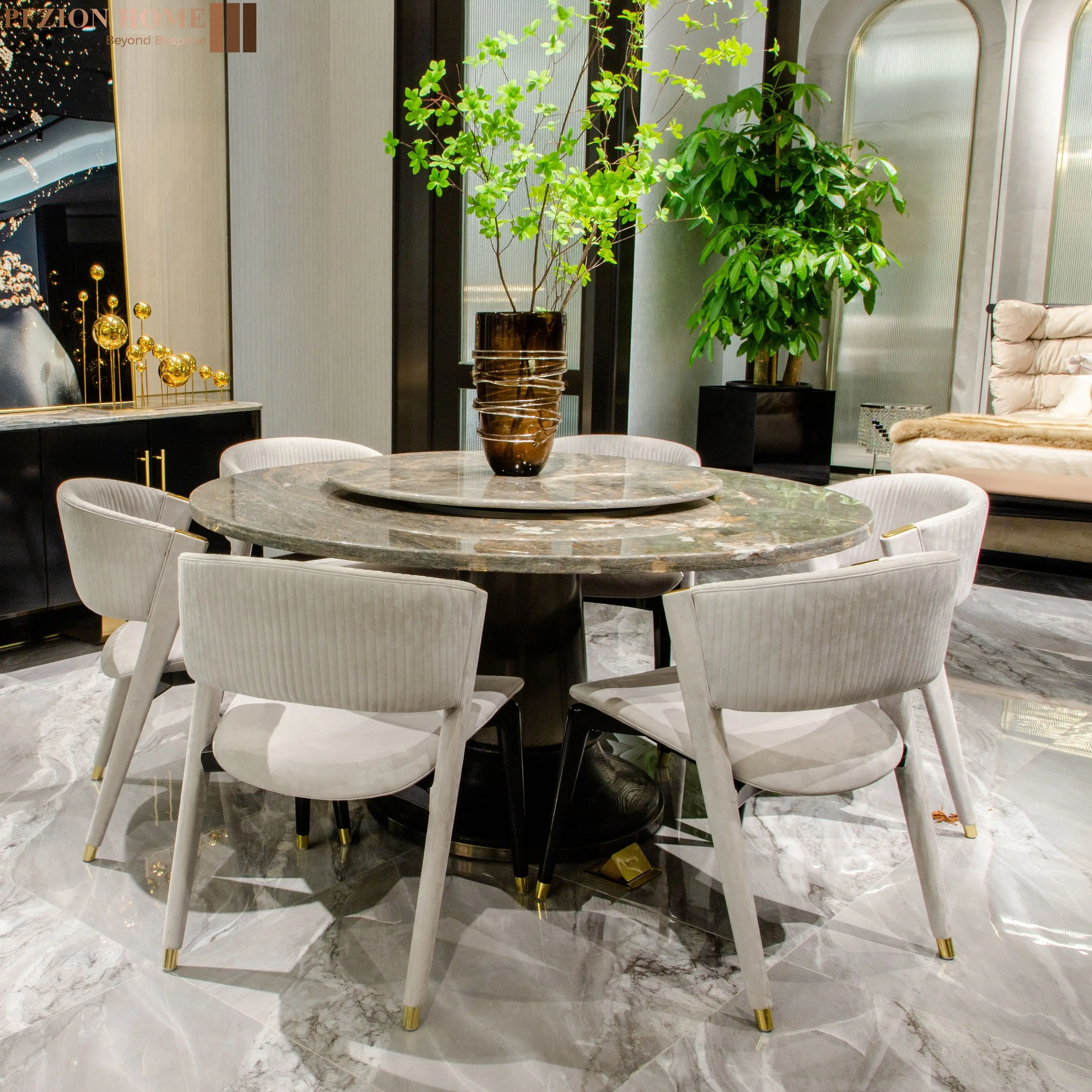 Light Luxury Simple round Dining Table Slate Turntable Stainless Steel Hardware for Home & Hotel Dining Room Furniture