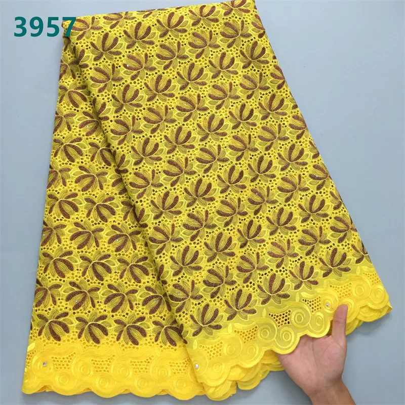 White and Gold African Embroidery Lace Fabric with Rhinestones Wholesale Swiss Voile Cotton Lace for Women Wedding Dresses 3957