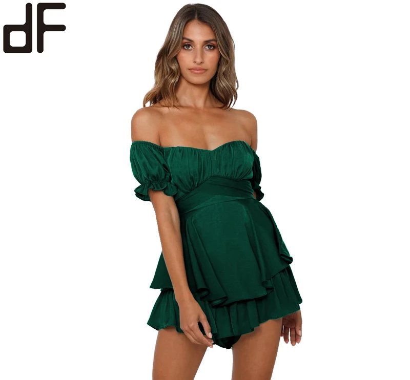 Wholesale Hidden Zip Mini Dress Pants Green Women Bodysuit One Piece Fitness Jumpsuit Puff Short Sleeve Women Summer Jumpsuits