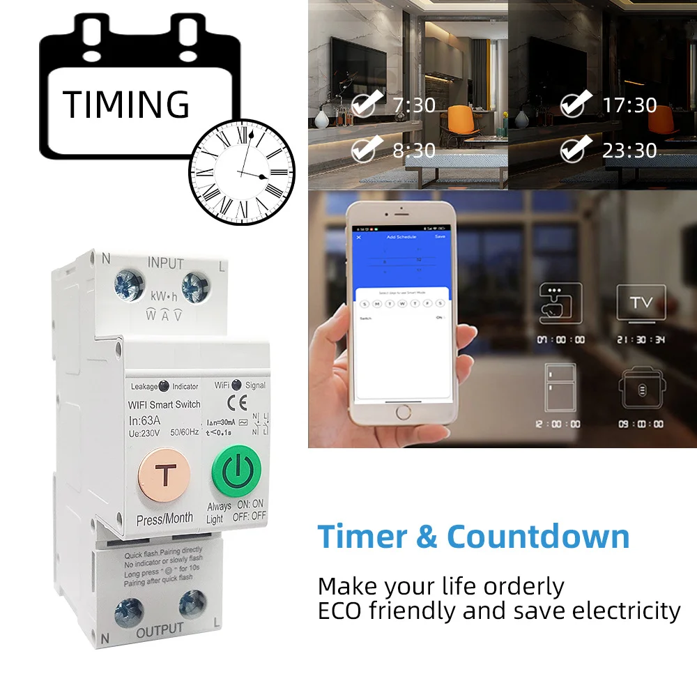 Leakage protection wifi circuit breaker smart timer switch relay remote control by tuya app with smart home alexa google home