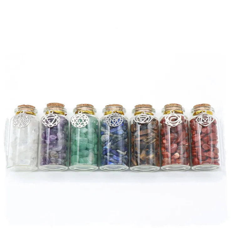 High quality natural crystal gravel set seven colors yoga stones  seven chakra wishing bottle symbol style