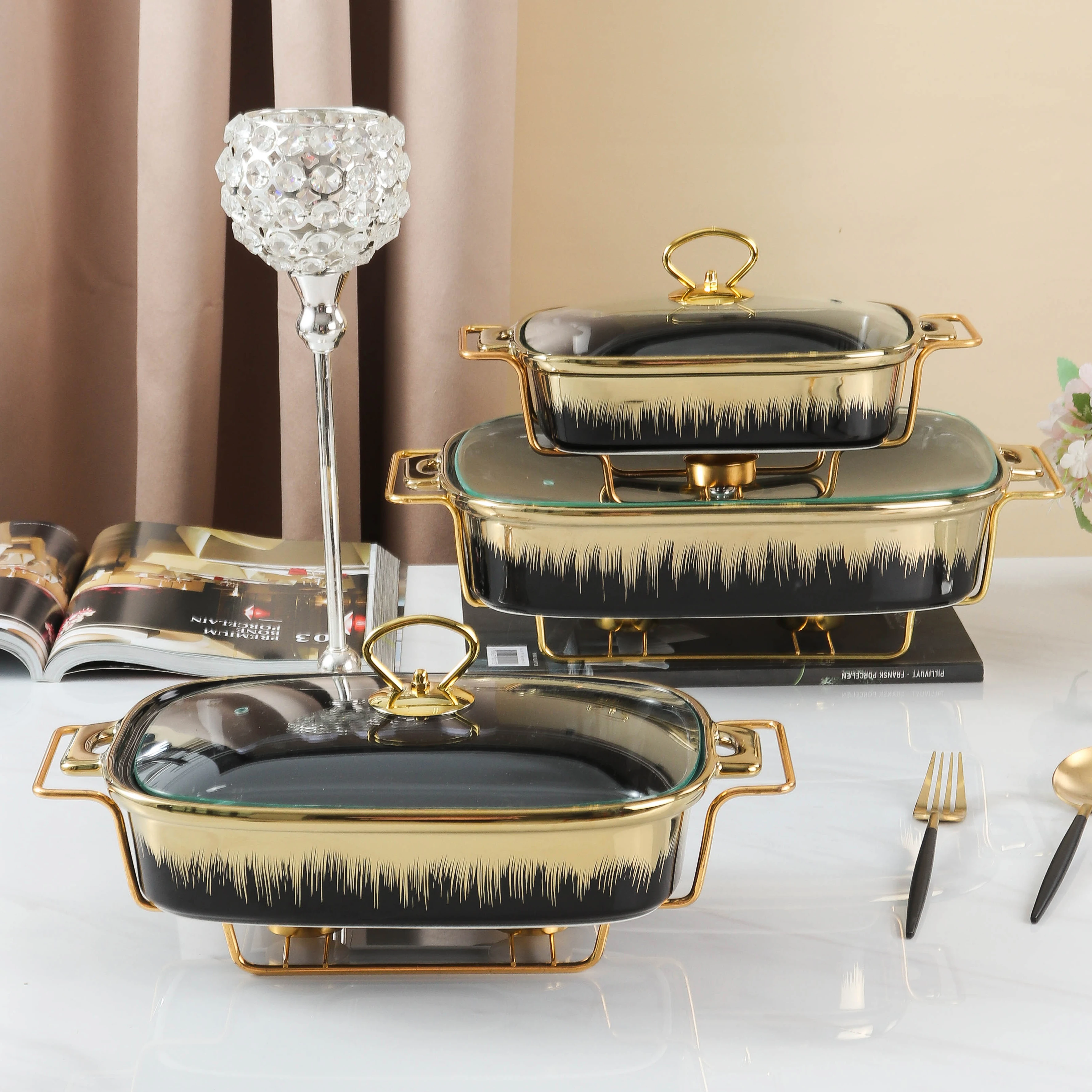 Restaurant Catering Equipment Rectangular Chafing Dishes Ceramic Buffet Dishes Ceramic Food Warmer With Iron Stand