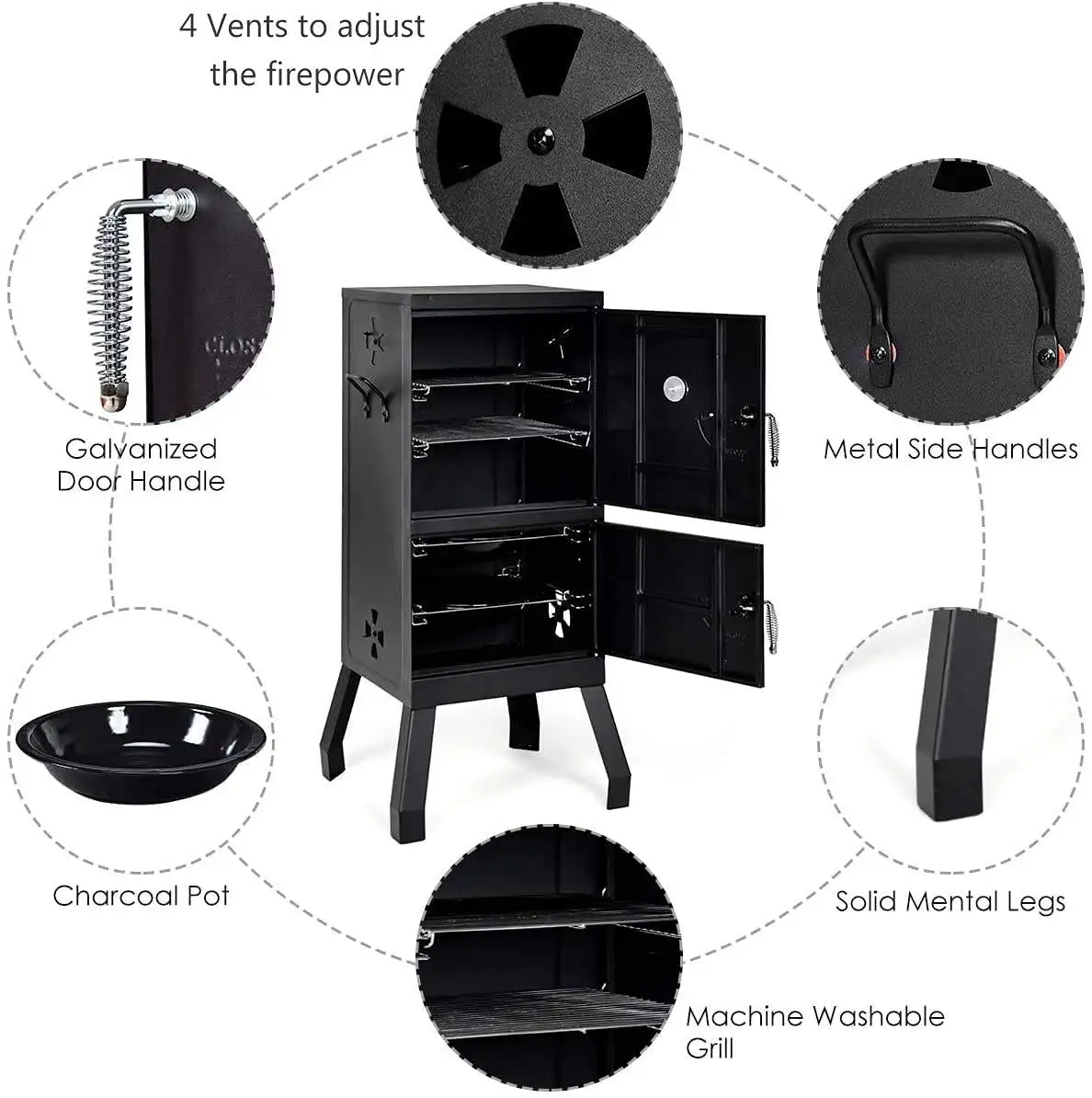 Heavy Duty Vertical Meat Charcoal Bbq Grill Powder Coated Small Double Layer Barbecue Smoker Grill