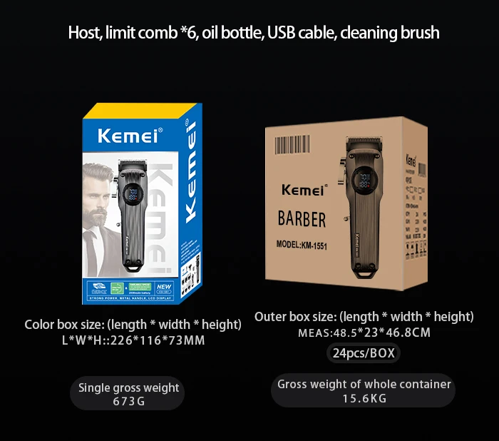Kemei brand 1551 Professional Barber Hair clippers Cordless Rechargeable Electric Clippers With USB Power High Cut Machine
