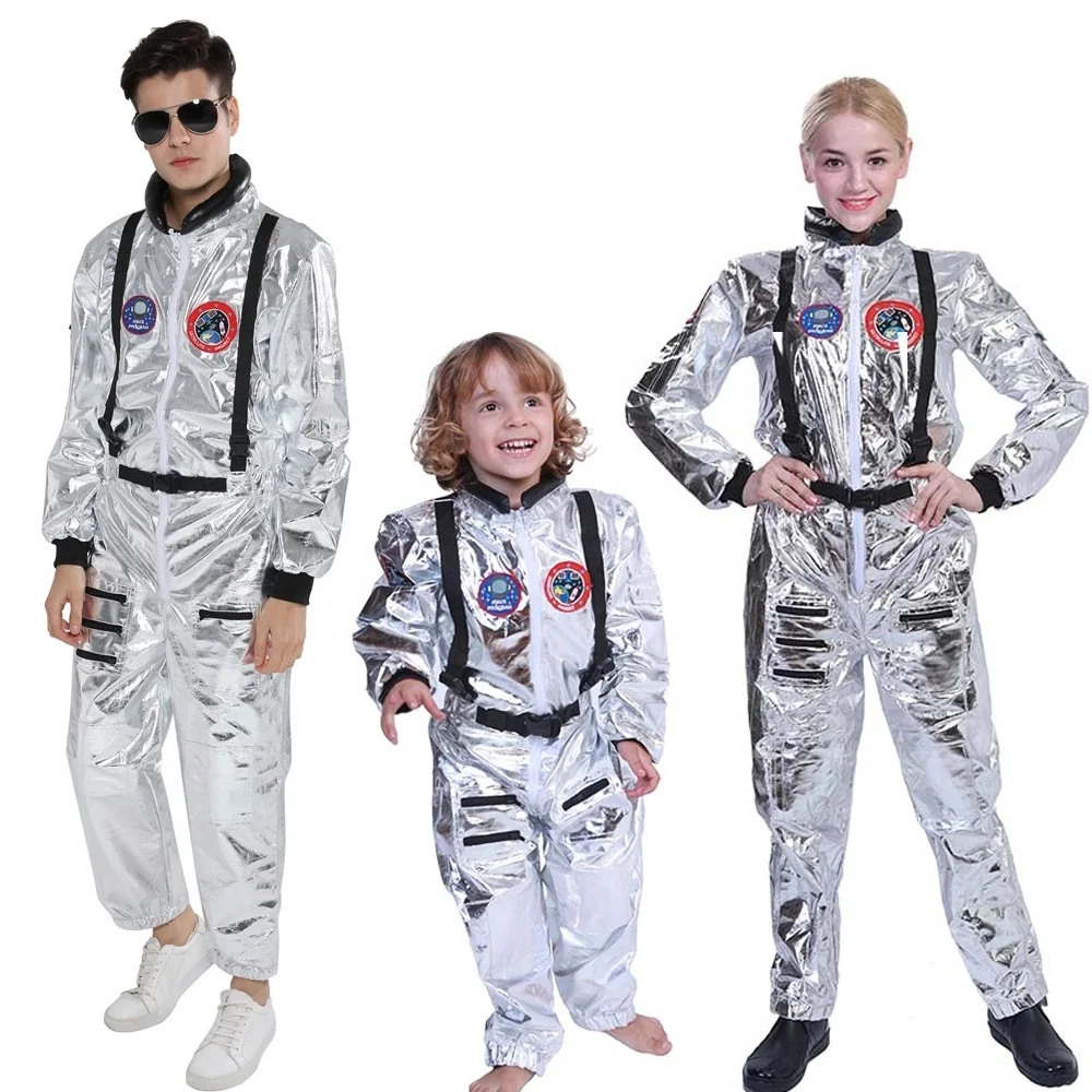 Family Halloween fancy dress silver cosmonaut cosplay adult kids spaceman astronaut costume
