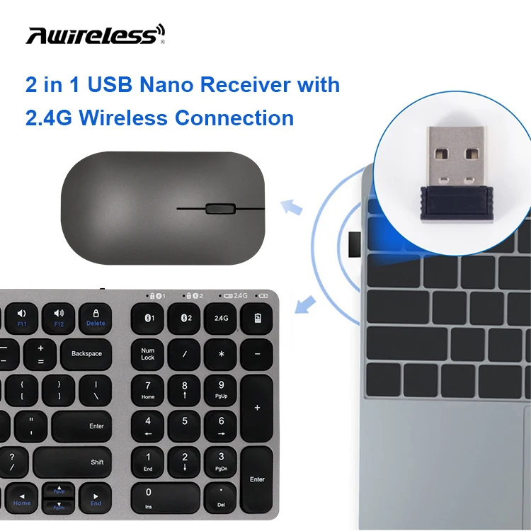 Awireless 3 in 1Custom Cheap Ergonomic Ultra Thin Portable Russian Wireless  2.4G Wireless Bluetooth Keyboard And Mouse Combos