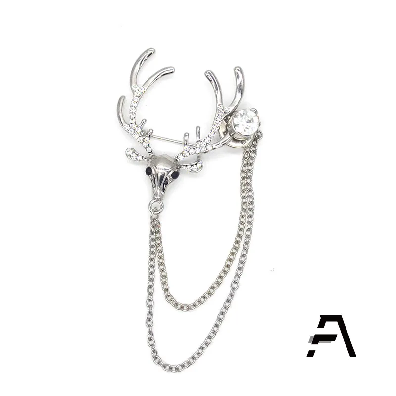 Sterling Silver Deer Head Rhinestone Crystal Men Shirt Chain Brooch Pin