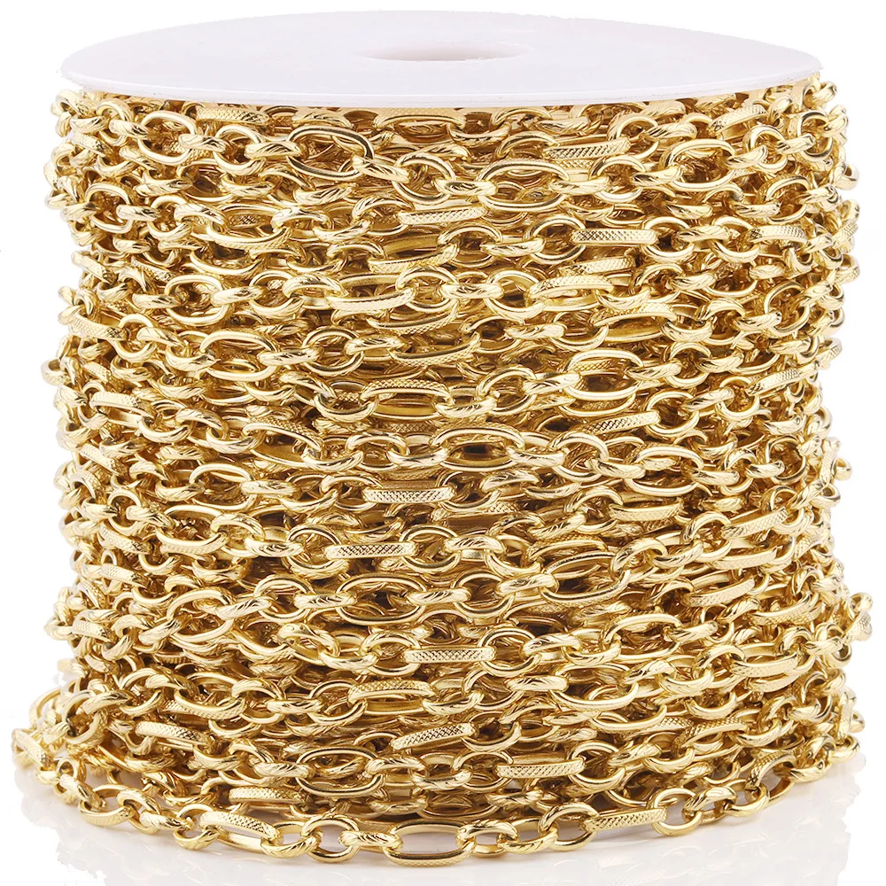 18k Gold Plated Stainless Steel 6mm Width 3:1 Patterned Fancy Chain Embossed Oval Link Chain DIY Bracelet Necklace Jewelry Chain