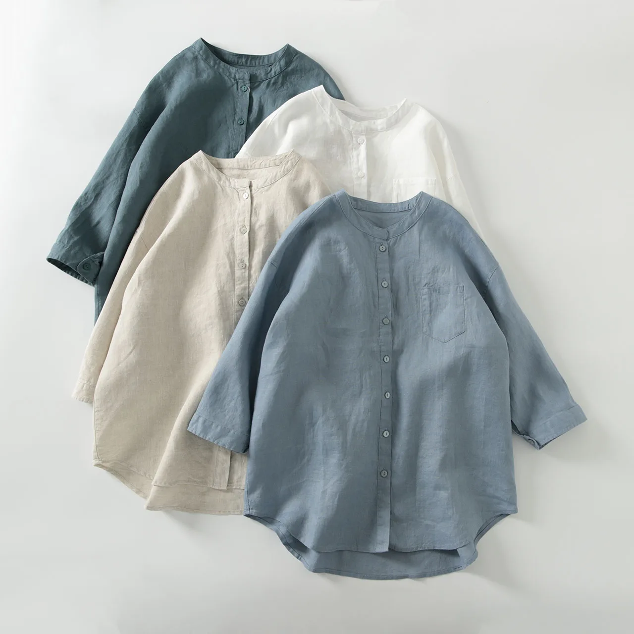 Оптовая продажа 2022 летняя японская свободная однотонная женская блузка из хлопка и льна с короткими рукавами