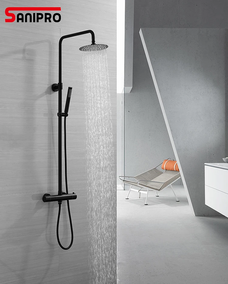 SANIPRO Bathroom Faucet Black Rain Shower Head Thermostatic Bath Faucet Wall Mounted Bathtub Shower Mixer Shower set
