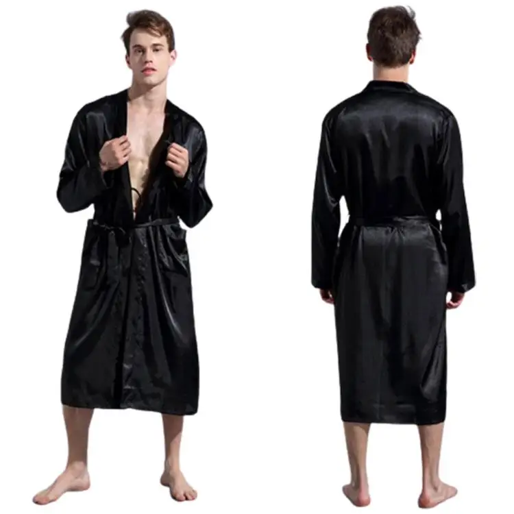 Mens Summer Pajamas Silk Robe Luxurious Soft Long Sleeve Pocket spa house Kimono Silky Satin belted Robe Bathrobe Nightgown