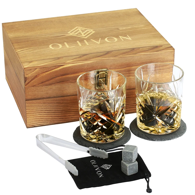 Hot Selling Vintage Creative Round Shaped Lead Free Crystal Whiskey Glass Set Wooden Gift Box For Whiskey Bourbon