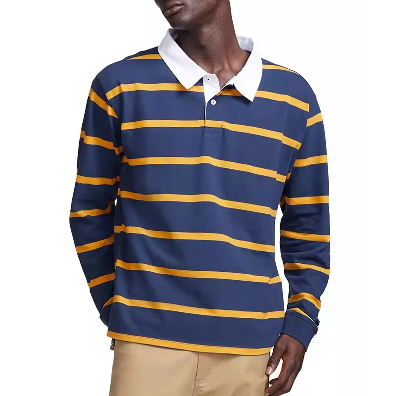 Custom Men Cotton Breathable Sports Cheap Long Sleeve Striped Rugby Polo Shirt Wholesale