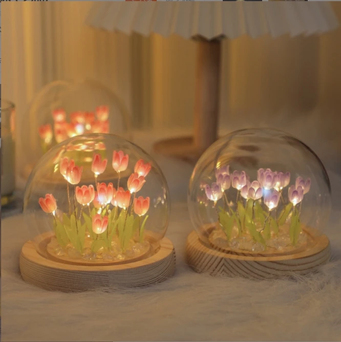 Wholesale DIY popular tulip lamp 9/10/13/16/20 tulip flowers decoration lamp clear crystal glass dome craft led  tulip lamp