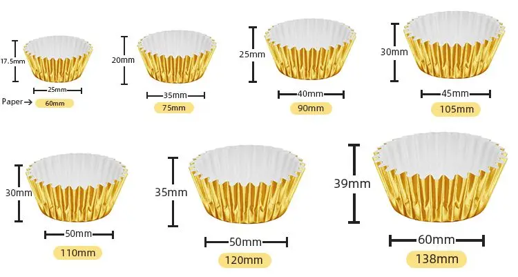 Standard Gold Cupcake Liners, No Smell, Food Grade & Grease-Proof Baking Cups Aluminum Foil Paper