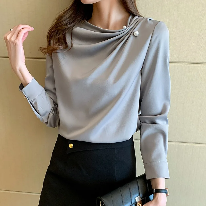 Summer Autumn Korean Design Retro Hong Kong Style Solid Long Sleeve Blouse Shirts with Beading 8360#