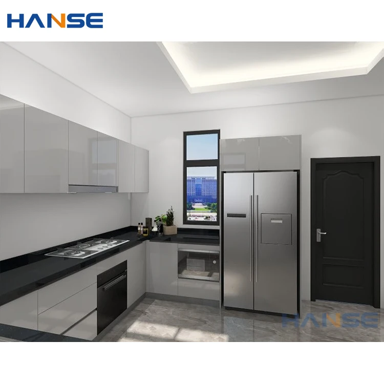 Custom modern complete u shape white high gloss lacquer finish flat pack modular wood kitchen cabinet set design with marble top