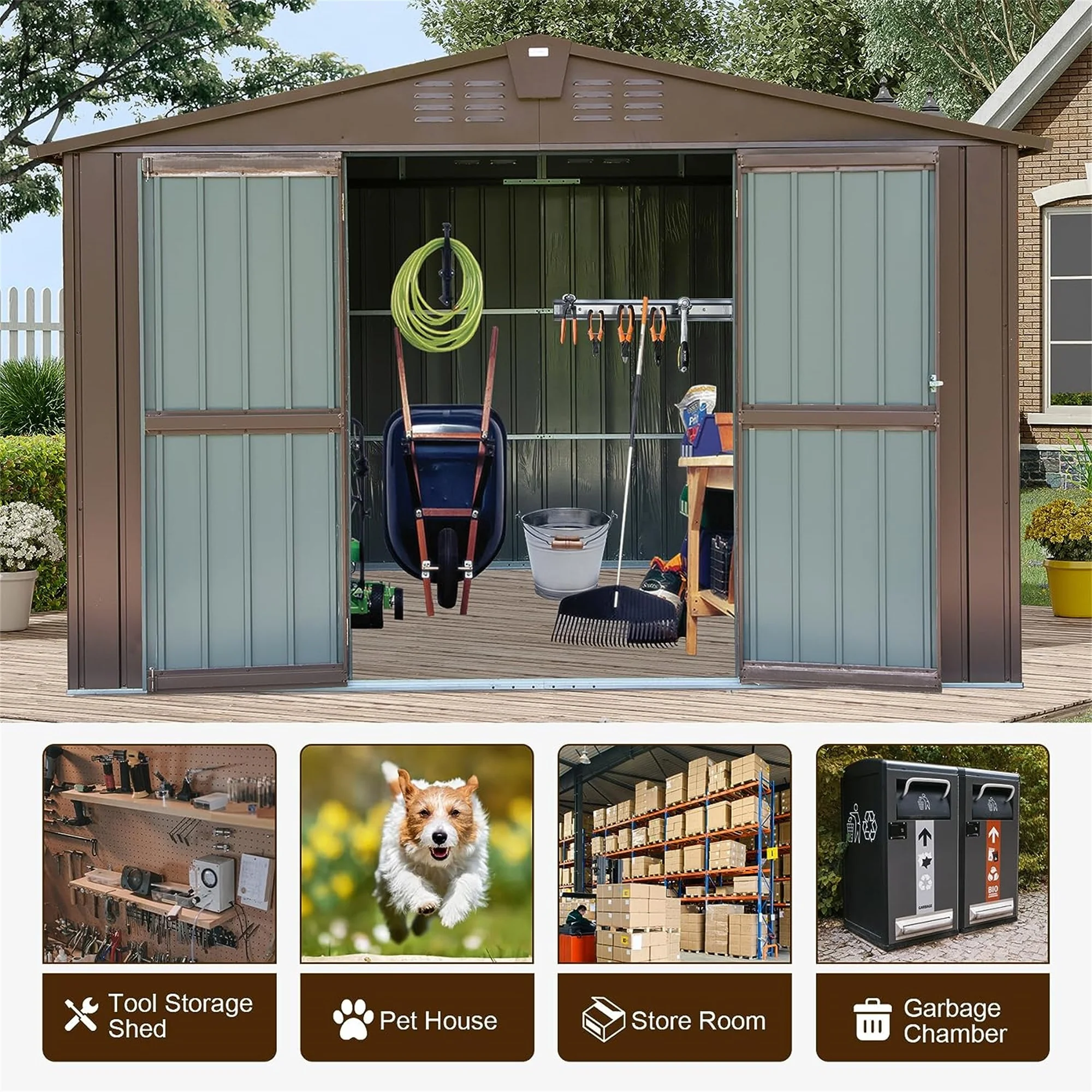 10 * 8 FT Free Shipping Outdoor Storage Shed Metal Tool Sheds Storage House with Lockable Double Door